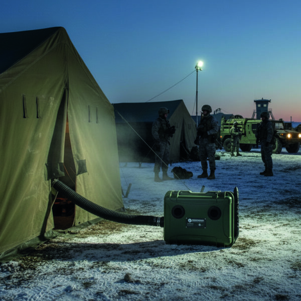 Euorheater-4D-Gen-2-2 Euroheater 4D plassert utenfor et taktisk telt for effektiv oppvarming.