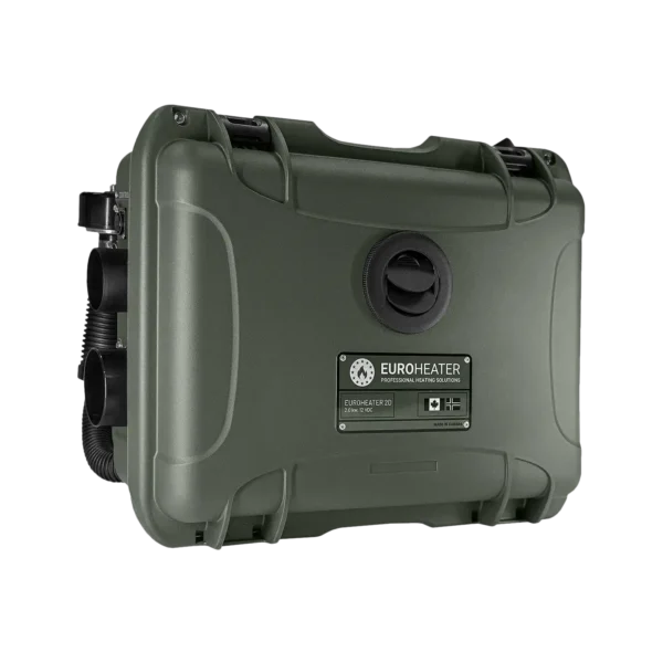 Bærbar EuroHeater 2D luftvarmer i robust Nanuk-koffert, designet for ekstreme forhold med støtsikker og vannavstøtende beskyttelse.