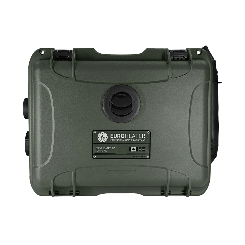 Bærbar EuroHeater 2D luftvarmer i robust Nanuk-koffert, designet for ekstreme forhold med støtsikker og vannavstøtende beskyttelse.