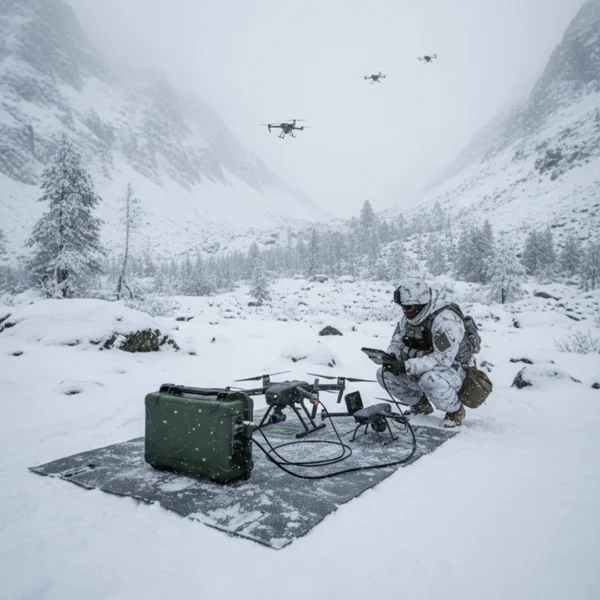 Flexibatt-PRO brukt som mobil ladestasjon for profesjonelle droner i felt.
