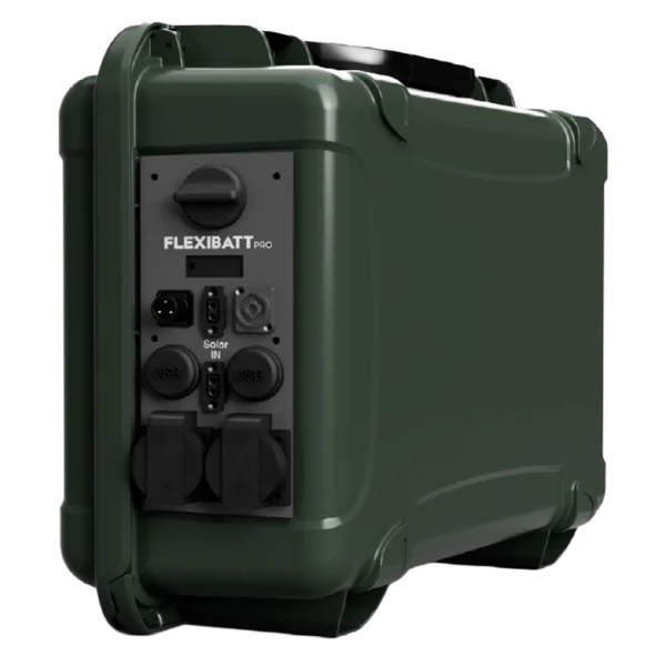 Flexibatt-PRO-2 Nærbilde av Flexbatt Pro, et kraftig batteri plassert i en robust Nanuk-koffert. Bildet viser tydelige tilkoblingspunkter.