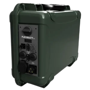 Nærbilde av Flexbatt Pro MIL, et kraftig batteri plassert i en robust Nanuk-koffert. Bildet viser tydelige tilkoblingspunkter.