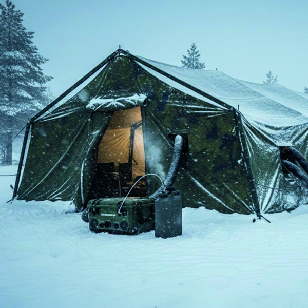 Illustrasjonsbilde av Euroheater 8D i bruk utendørs for oppvarming av telt og utstyr.