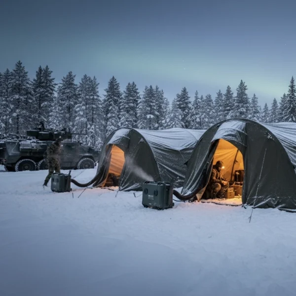 Euorheater-tent-Gen-1-700 Euroheater 4D plassert ved siden av et taktisk telt for effektiv oppvarming.