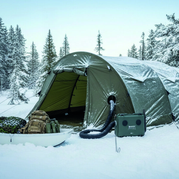 Euorheater-tent-Gen-2-700 Euroheater 4D plassert ved siden av et taktisk telt for effektiv oppvarming.