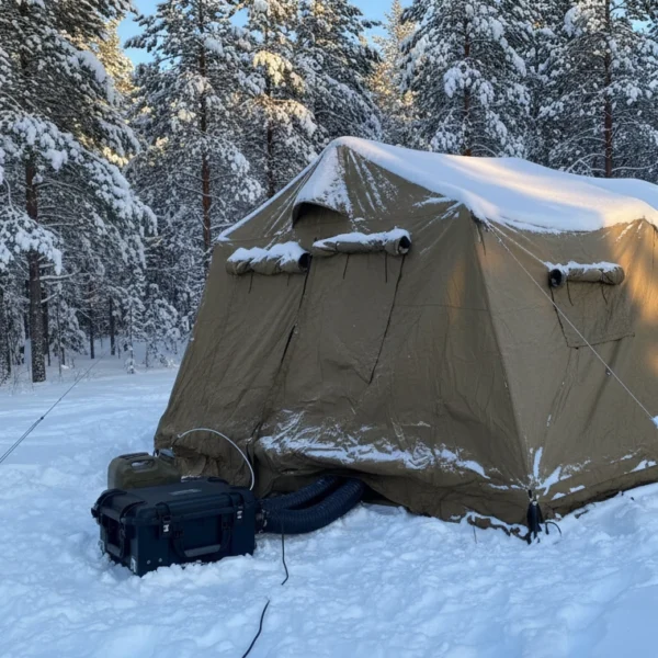 Euroheater 8D i bruk utendørs for oppvarming av telt og utstyr.